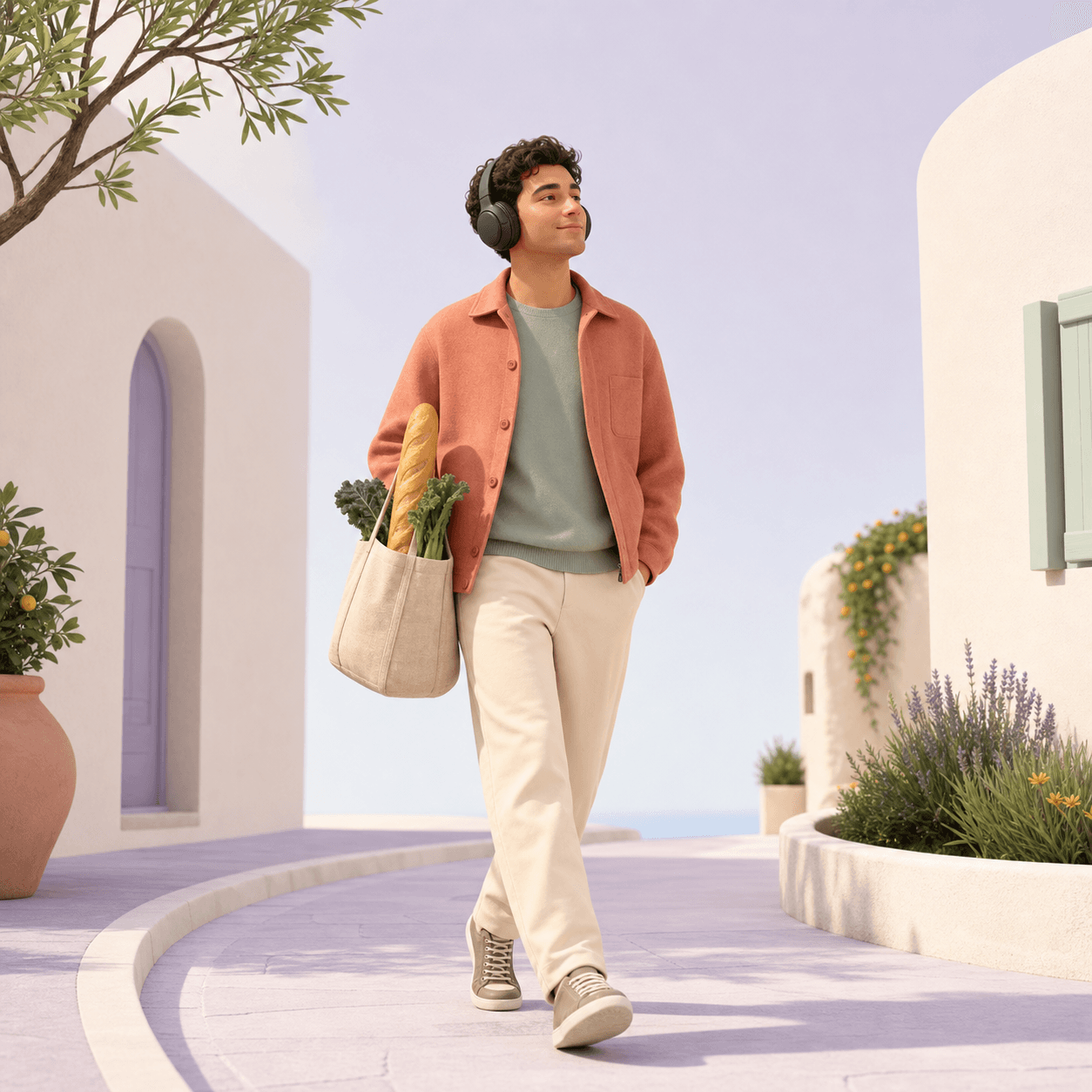 A listener enjoying a language lesson while walking home with groceries