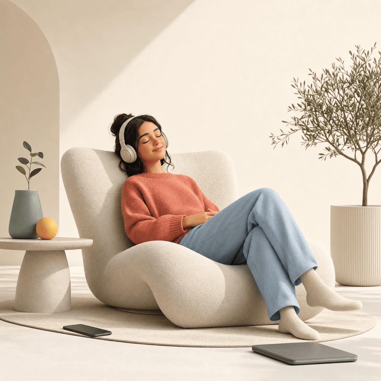 A relaxed listener resting with their eyes closed and screens put aside